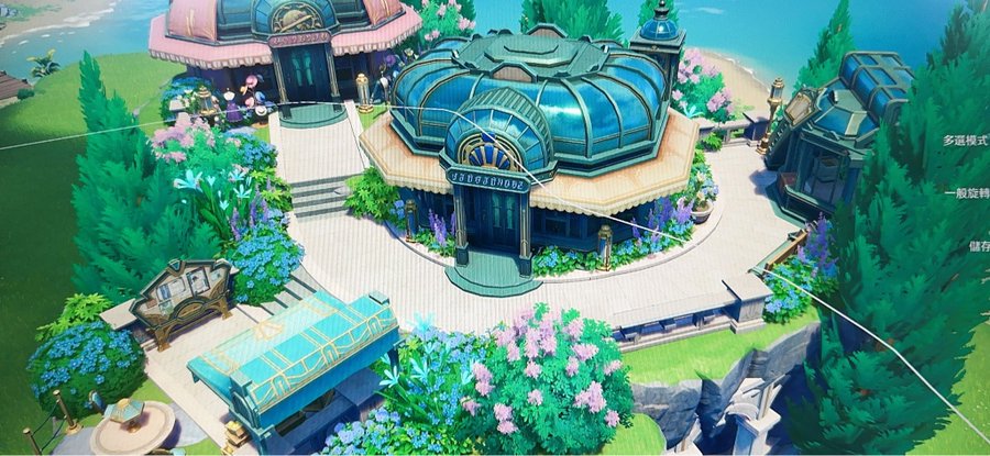this image is a screenshot from the serenitea pot housing system in the video game genshin impact. it showcases a beautifully designed and decorated outdoor area within a player's teapot, featuring a central teal and white gazebo with a glass dome, surrounded by lush gardens with various plants and flowers, including pink and purple blossoms, blue hydrangeas, and green trees. the style is whimsical and cute, with pastel colors and detailed architecture.  there are additional structures such as a shop or kiosk and benches, as well as paths and steps. the overall aesthetic is charming and highly customized.  a portion of a ui overlay in chinese is visible on the righthand side of the image.