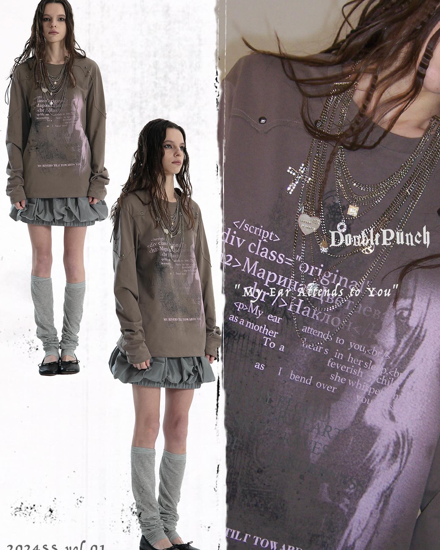 the image is a fashion spread showcasing two models wearing variations of a longsleeved, oversized sweatshirt featuring a graphic print, possibly a quote by marina tsvetaeva in a stylized typeface.  the sweatshirt is a muted grayishpurple. one model wears a pleated skirt and leg warmers, while the other model's outfit is mostly obscured. both models display a layered necklace aesthetic, including cross and heart pendants.  the background includes a fragment of what seems to be code or text relating to the design. the overall aesthetic is dark academia/gothic/grunge influenced.  the image appears to be from a clothing catalog or lookbook.
