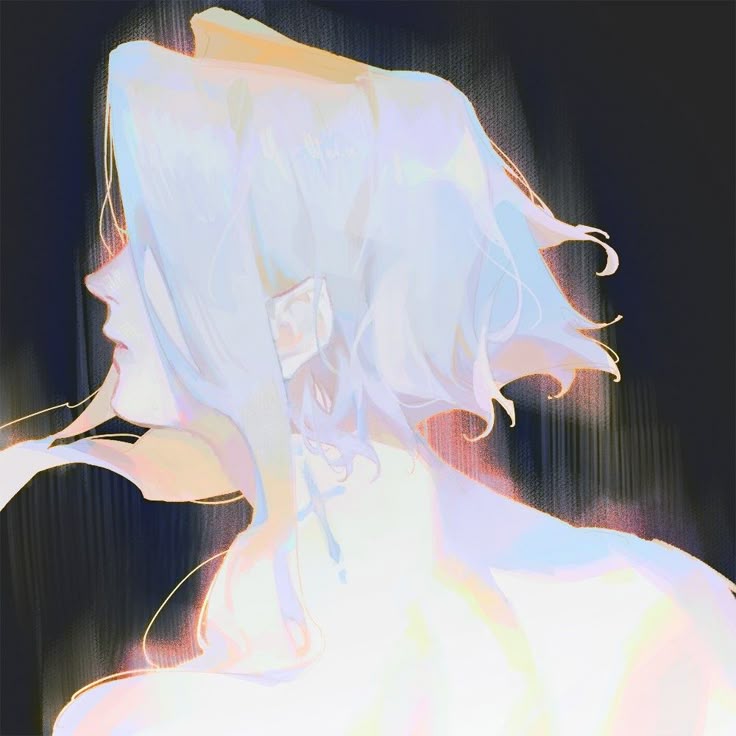 an stylized, iridescent artwork depicts a figure with white hair, viewed from the back in a soft and ethereal style. the subject has elongated ears, possibly indicative of an elf or fantasy being, and a cross earring is visible. the lighting is soft and glowing, adding to the dreamy feel of the artwork. the figure's neck and shoulder are visible, with the overall composition resembling a portrait.