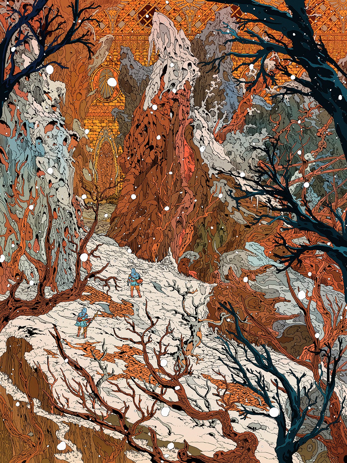 the image is a digital painting or illustration in a fantasy style. it depicts a surreal and desolate winter landscape.  the scene is dominated by oddly shaped, textured mountains and rock formations in shades of orange, brown, and bluegray, partially covered in snow.  bare, gnarled trees populate the foreground and midground, adding to the barren feel.  two small, humanlike figures are visible traversing a snowy path that winds its way towards a distant structure that resembles gothic ruins or an ancient building partially obscured by the mountainous terrain. the overall mood is mysterious and atmospheric, suggesting a sense of adventure or journey into an unknown and possibly dangerous place.  the style is highly detailed and intricate, with a focus on organic shapes and textures.  a sense of coldness and isolation pervades the image.