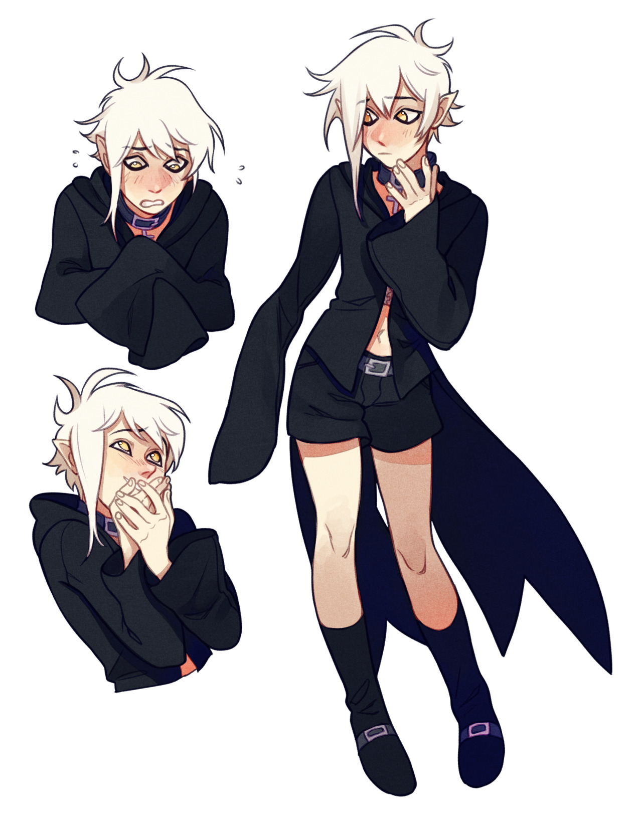 the image showcases three different poses of the same original character, a young elf with white hair and golden eyes. he is dressed in a black ensemble consisting of a long coat, shorts, a top with cutouts, and buckled shoes. each pose captures a variation of a shy or embarrassed expression. the white background accentuates the character and his design.