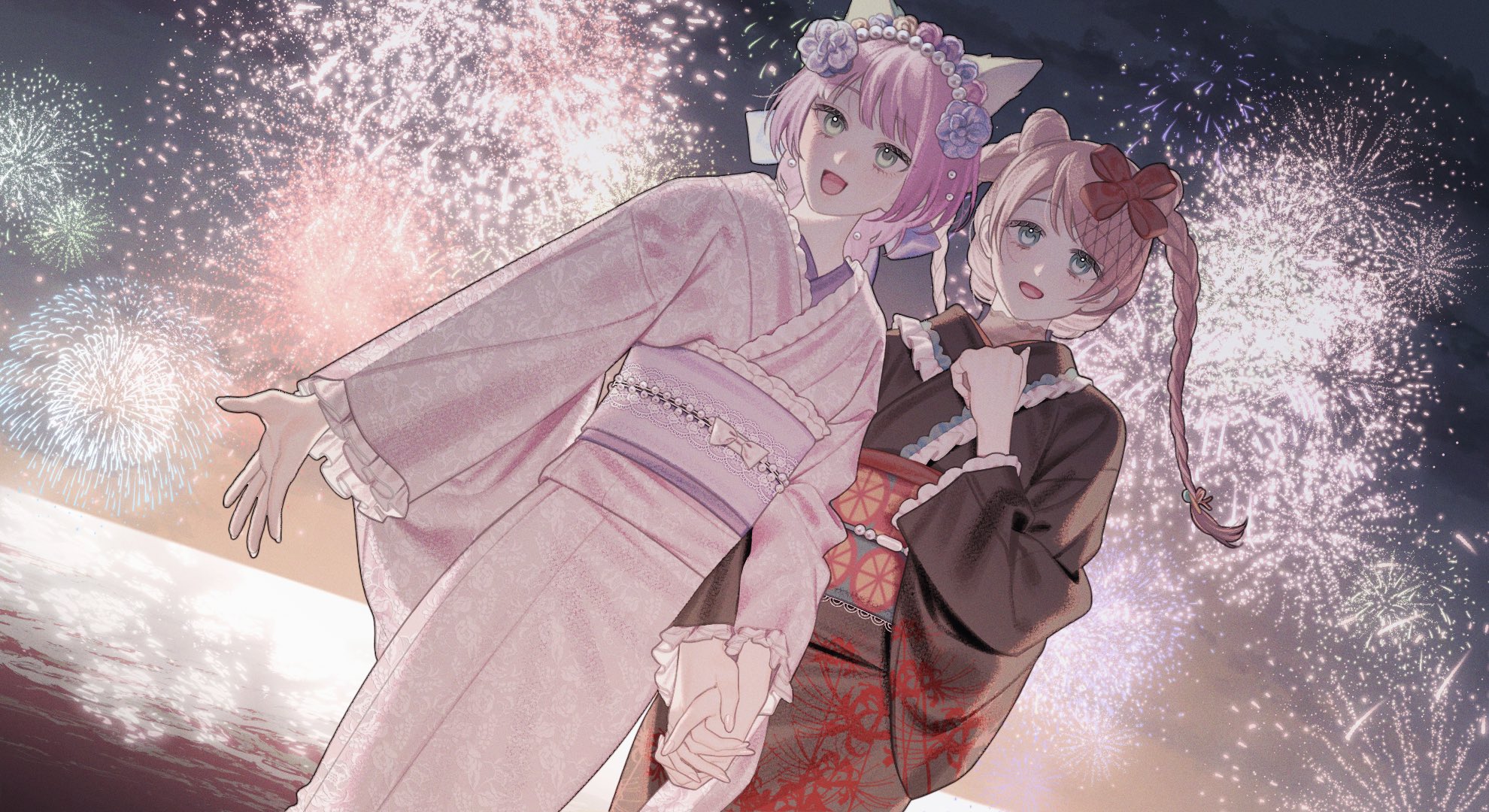 the image depicts two anime girls, dressed in vibrant yukatas (a type of casual summer kimono), standing together against a backdrop of a breathtaking fireworks display over a calm body of water.  one girl wears a light pink yukata with delicate lace detailing and a cat ear headband adorned with flowers; the other has a darker brown yukata with reddish floral patterns and a braided hairstyle with a bow. they are holding hands, conveying a sense of closeness and friendship or perhaps a romantic relationship. the overall atmosphere is serene, festive, and magical, reflecting the beauty of a summer fireworks festival. the artwork style is soft and detailed, with a focus on the characters' expressions and the shimmering effect of the fireworks.