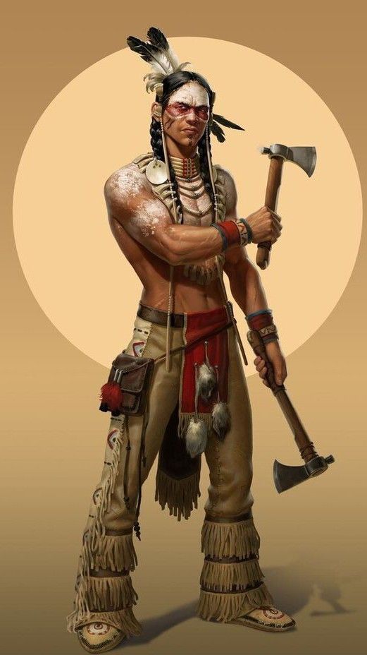 a digital painting of a native american warrior. he is wearing a traditional headdress with feathers, moccasins, and a longsleeved shirt. he is holding a tomahawk in his right hand, and his left hand is resting on his hip. he has painted his face with red and white stripes, and his eyes are narrowed in a fierce expression. he stands in front of a plain beige background.