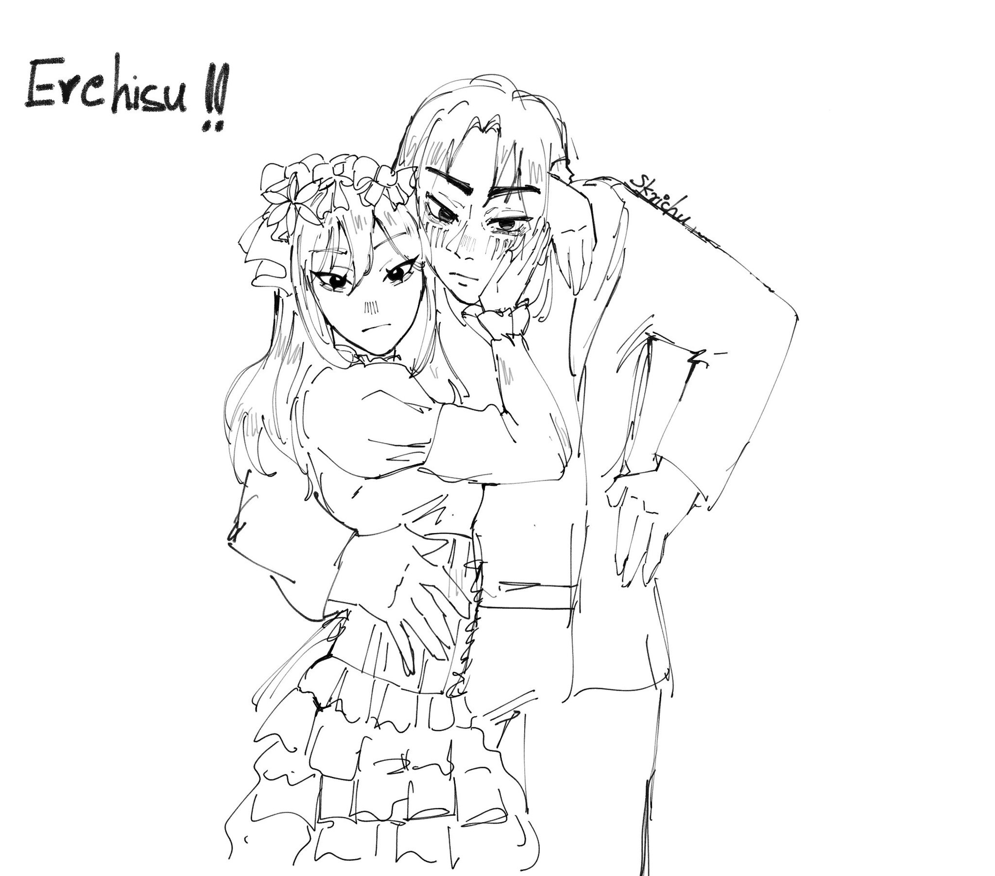 this is a black and white digital art illustration of an anime couple. they are both young adults with expressive eyes and soft features. the girl is wearing a flowery headband and a skirt, and the boy is wearing a suit jacket. he is holding her in a close embrace and his arms are wrapped around her. they are both looking at the camera with a mixture of emotions. the image is drawn in a simple style, but it conveys a sense of love and intimacy. the style is similar to an anime illustration, but the image has more of a handdrawn feel. the composition of the image is simple, but it is effective in capturing the emotional connection between the couple. the background is white, which allows the couple to stand out. the lines are thin and precise, giving the image a clean and polished look. the image evokes a sense of warmth and affection, making it a pleasing and comforting image to look at.