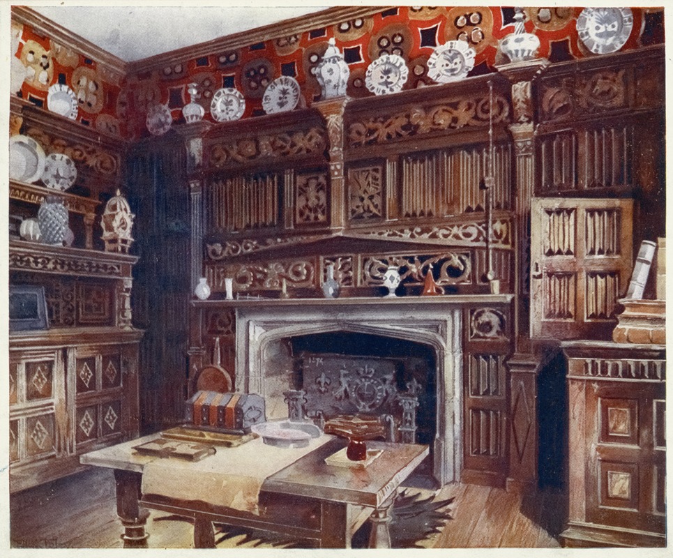 a watercolor painting depicts the interior of a room with ornate wood paneling, a fireplace, and various pieces of furniture. the walls are decorated with red patterned wallpaper or fabric and adorned with an arrangement of plates and decorative pottery. an antiquestyle wooden table sits in the foreground with books, a chest, and other items. the fireplace has detailed carvings. bookcases and cabinets are placed on the sides. the painting uses a warm color palette, giving the room a vintage and historic atmosphere. the scene exudes a sense of traditional elegance and careful craftsmanship.