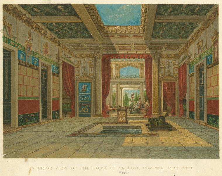this is a restored illustration of the interior view of the house of sallust in pompeii. the image shows a large atrium with an impluvium (a shallow pool) in the center. around the atrium, there are colonnades with columns. the walls are decorated with frescoes and painted panels. there are also murals on the walls. the floor is a mosaic design. red curtains hang on either side of a large opening leading to a garden. people are sitting in the garden. the architecture depicts ancient roman style. a skylight is present in the ceiling.