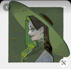 a stylized portrait of a woman wearing a large green hat, partially obscuring her face. her expression is subtle and enigmatic. the background features simplified leaves and plants, emphasizing the connection to nature. the color palette is predominantly green, evoking a sense of tranquility and mystery.