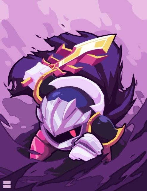 the image is a stylized digital fan art illustration of meta knight from the kirby video game series. he's depicted in a dramatic action pose, partially obscured by a dark, shadowy cape or cloak that billows behind him.  meta knight is clad in his signature silver armor, brandishing a large, goldenhilted sword. the color palette is predominantly purple and dark shades, accentuating his powerful and slightly menacing appearance. the art style is sharp and clean, with a bold cartoon/anime influence. the background is abstract and textured, suggesting a dramatic and intense setting. the overall mood is one of power and mystery.