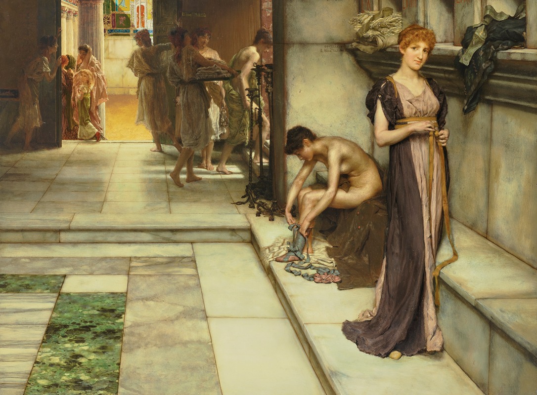 the painting "after the bath" by lawrence almatadema depicts a scene within a roman bathhouse. several women are present, some walking through a doorway in robes and others drying themselves or dressing. in the foreground, one nude woman sits on a marble bench putting on sandals. a woman with red hair stands beside her, fastening the sash of her gown. the scene is rich in detail with marble architecture, colorful tiles, and ornate objects.
