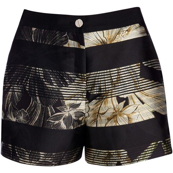 the image shows a pair of highwaisted shorts with a black, beige, striped, and floral pattern. the shorts have a button closure at the waist.