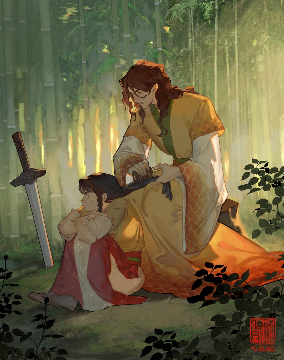 a man in a yellow kimono sits in a bamboo forest, combing a woman's hair. she is sitting on the grass next to him, wearing traditional clothing of red and white. a sword is stuck in the ground next to them. the scene is bathed in soft sunlight.