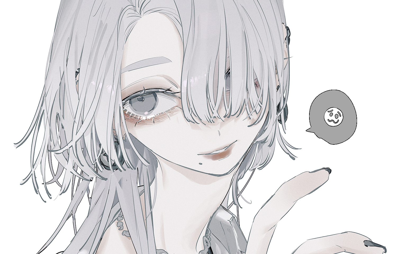 this is a digital illustration of an anime girl with white hair, wearing headphones and earrings. she has a subtle smile and is looking at the viewer. the background is grey.