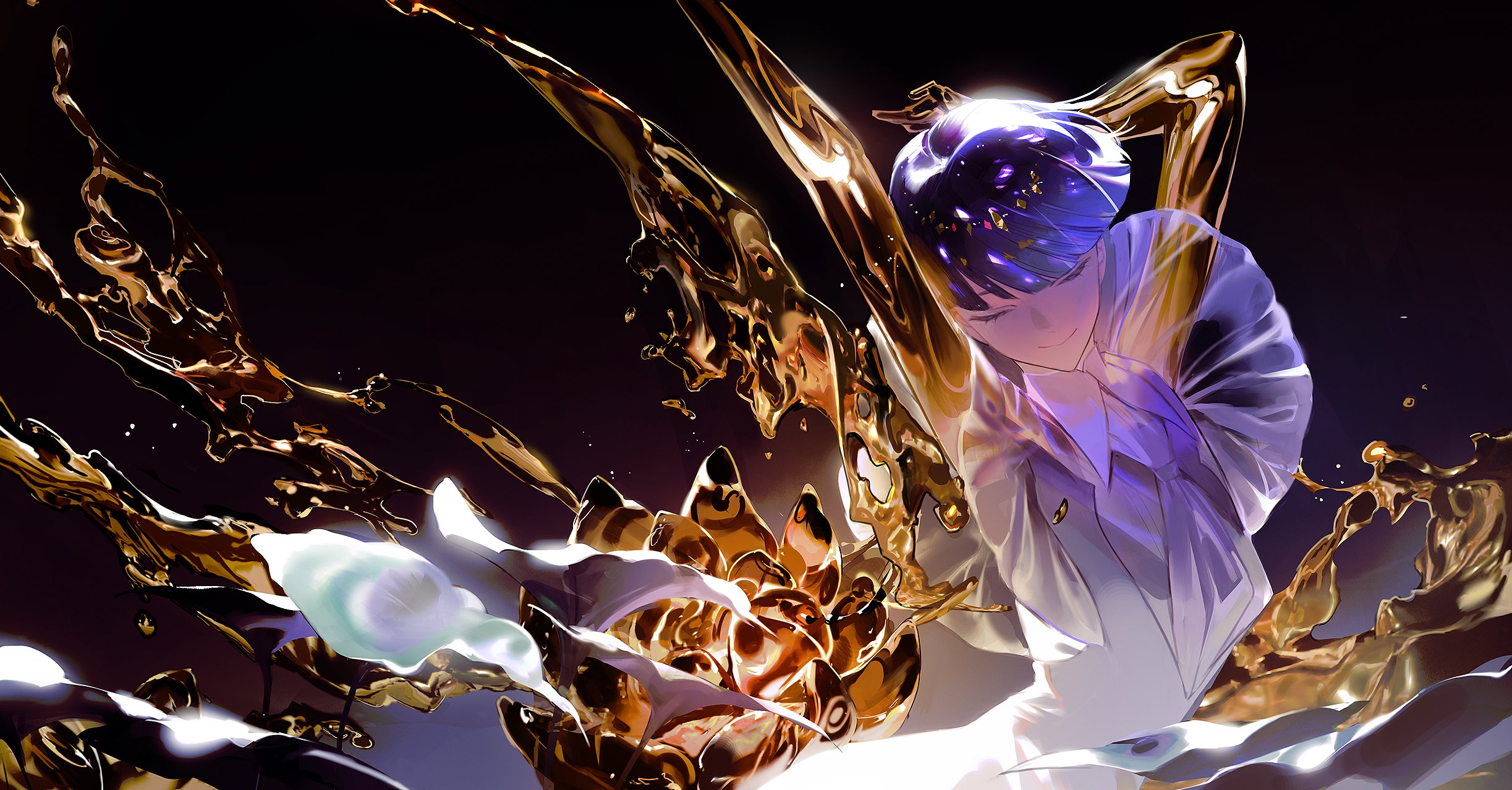 an animestyle illustration depicts a dramatic scene where a male character with dark blue hair is partially submerged in a swirling, liquid gold substance. the substance also seems to be transforming his arm into a clawlike appendage. the character is dressed in a white outfit with light blue details. the background is a deep, dark color that contrasts sharply with the vibrant gold. the lighting is dramatic, highlighting the fluidity and reflections of the liquid gold and casting the character's expression in shadow. the overall mood is one of action, transformation, and possibly danger.