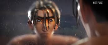 a young, animated man with wet, dark hair and blue eyes stares intensely at his reflection in the mirror. the scene appears to be set in a dimly lit bathroom, likely during or after a shower. the closeup perspective and the man's serious expression suggest a moment of introspection or selfexamination.