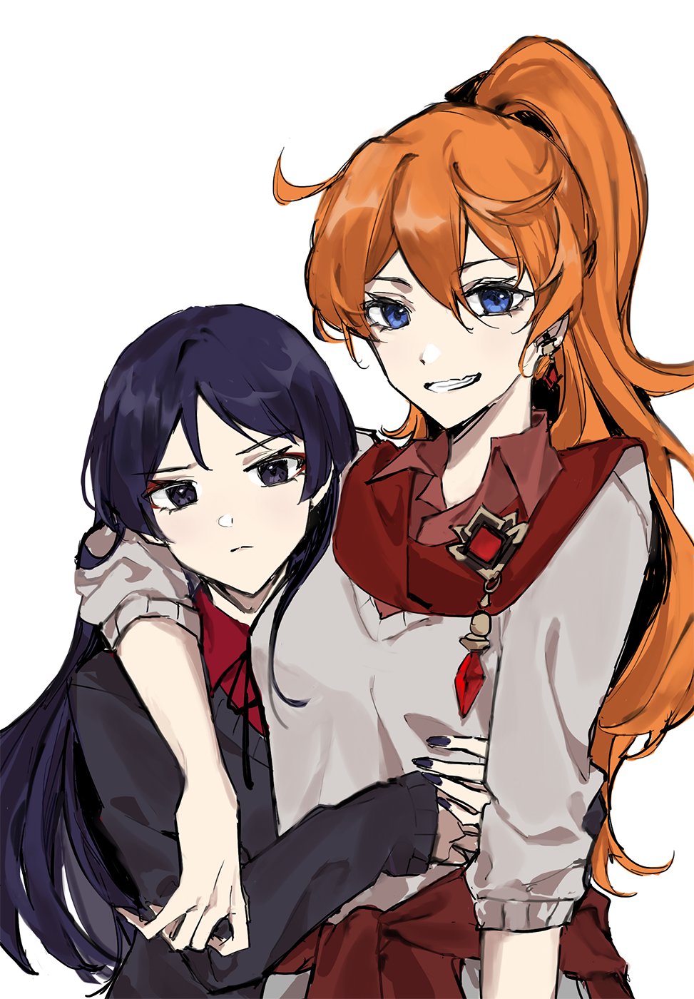 the image is a digital drawing of two anime girls, one with long dark hair and one with long orange hair, standing close together. they are both wearing casual clothing: a black jacket with a red scarf for the girl with dark hair, and a white shirt with a red sash for the girl with orange hair. the girl with dark hair has her arm around the other girl's waist, while the girl with orange hair has her arm around the other girl's shoulder.  they both look happy and close. the background is white.