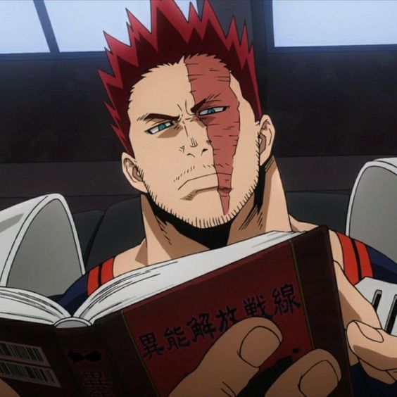 a portrait of a muscular man with spiky red hair and a scar over his left eye. he is shown from the chest up sitting in the passenger seat of a vehicle while reading a book titled "ultimate quirk liberation" in japanese.  his expression is serious and focused on the book in his hands. he is wearing a red and white shirt. the image is brightly lit.  the style is reminiscent of anime or manga.
