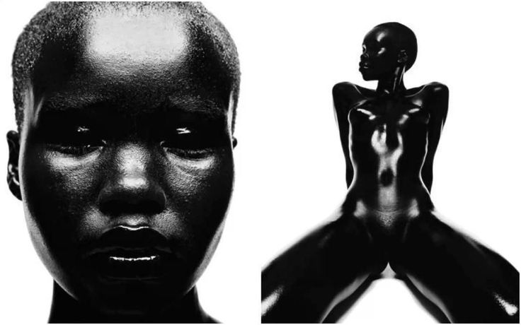 the image is a diptych, meaning it's composed of two distinct photographs displayed together.  the left side shows a closeup, highcontrast black and white portrait of an african woman's face.  her expression is serious and contemplative.  the right side depicts a fullbody, nude shot of a similar african woman, positioned in a seated pose.  both images feature highly contrasted lighting, making the subjects appear almost sculptural, with smooth, dark skin tones emphasized by sharp shadows. the overall aesthetic is minimalist and artistic, focusing on the form and texture of the body. the contrasting compositions—a closeup portrait versus a fullbody image—create a powerful juxtaposition.