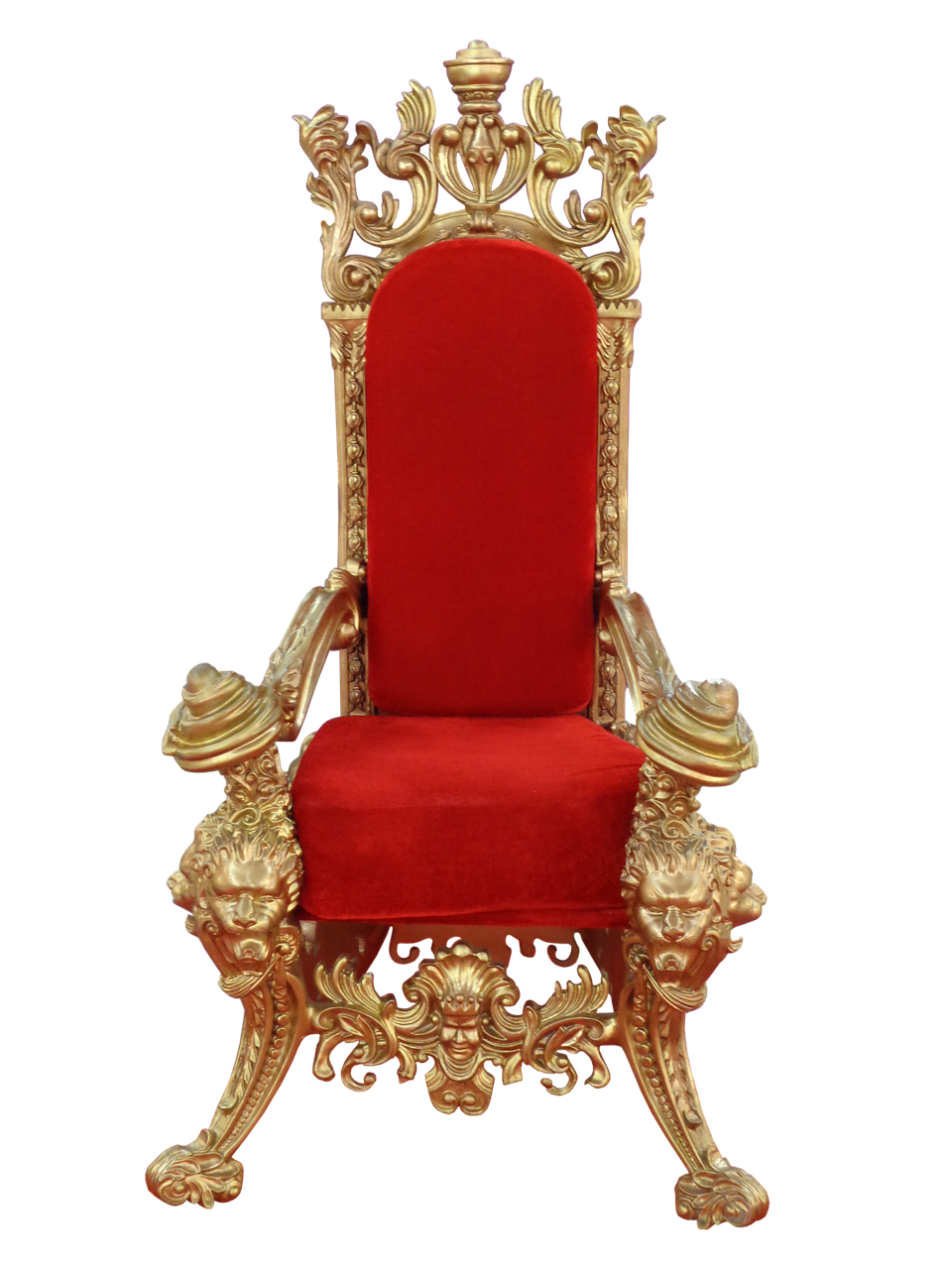 a golden throne with red velvet cushions and a backrest, set against a black background. the throne is ornately decorated with carvings and has detailed armrests and legs. the overall appearance is luxurious and regal.