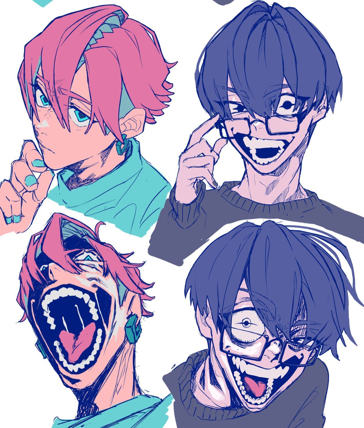 the image features four distinct character portraits in an anime/manga style.  the art style is loose and expressive, utilizing bold lines and vibrant pastel color palettes. two characters have pink hair, one with a calm expression and the other with an exaggerated open mouth. the other two characters sport blue hair, both wearing glasses, and showing unsettling wide grins with their mouths open.  the overall aesthetic is both playful and slightly unnerving due to the exaggerated facial expressions. the characters seem to be from the same universe, sharing some stylistic similarities. the art style suggests it's a concept sketch or character exploration.