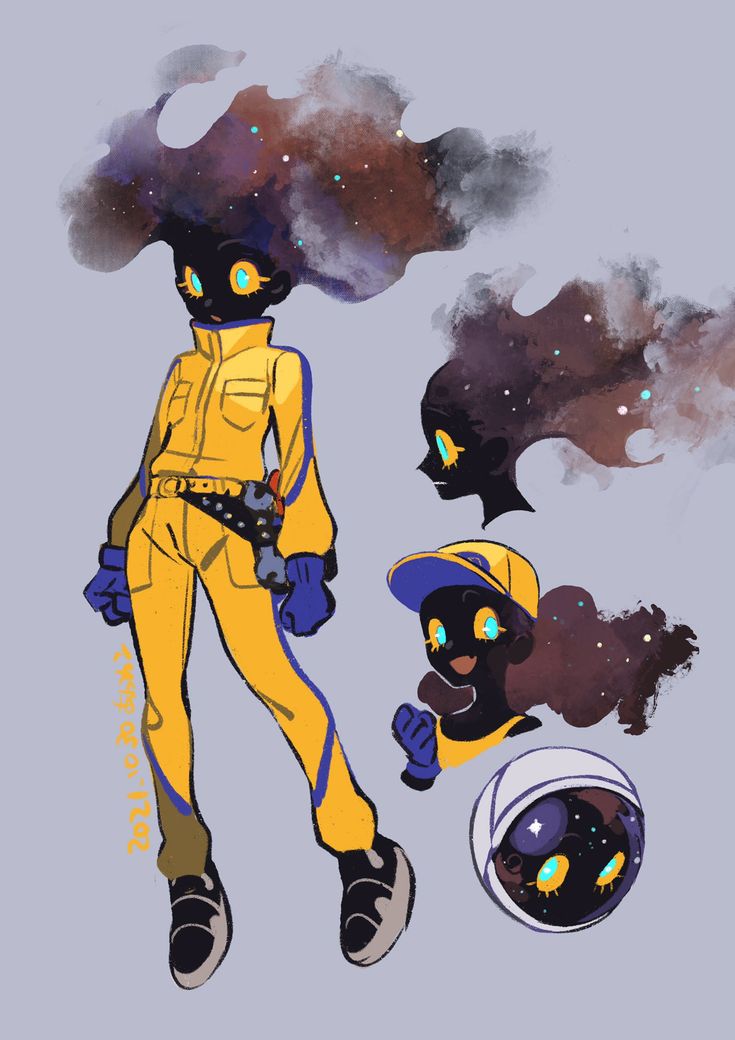 this digital illustration features a cartoon character dressed in a yellow jumpsuit with blue accents and a pair of black boots. their hair is a swirling galaxy of purple, brown, and blue hues with twinkling stars. the character is depicted in different poses, including a fullbody view and closeups of their head and a helmetlike object with a similar galaxy pattern. the overall style is vibrant and whimsical, incorporating elements of fantasy and scifi with a playful and imaginative touch.