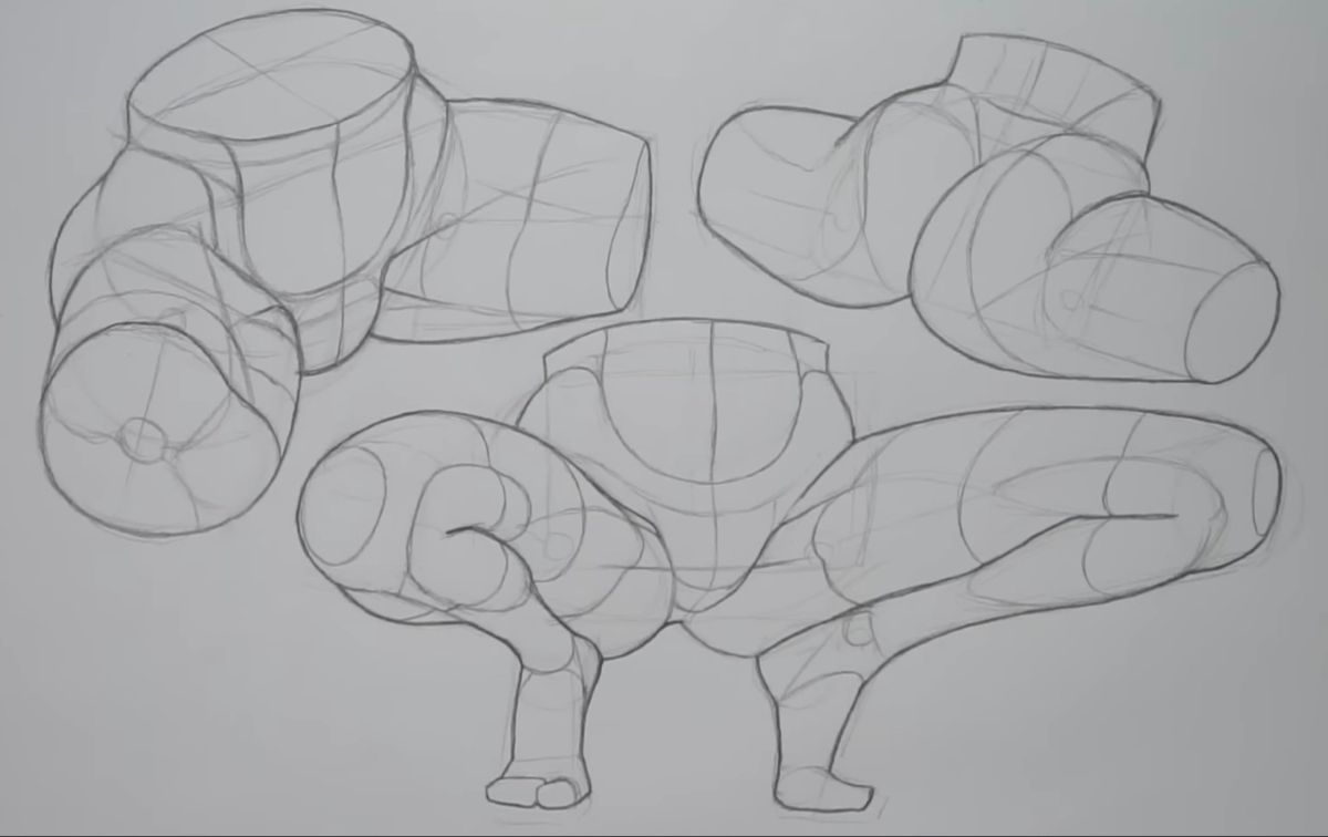 the image shows four different pencil sketches of a human lower body, likely female, focusing on the torso, hips, and legs. each sketch presents the figure from a different perspective, highlighting the form and structure of the body.  the artist utilizes simplified shapes and lines to depict the anatomy, emphasizing volume and threedimensionality.