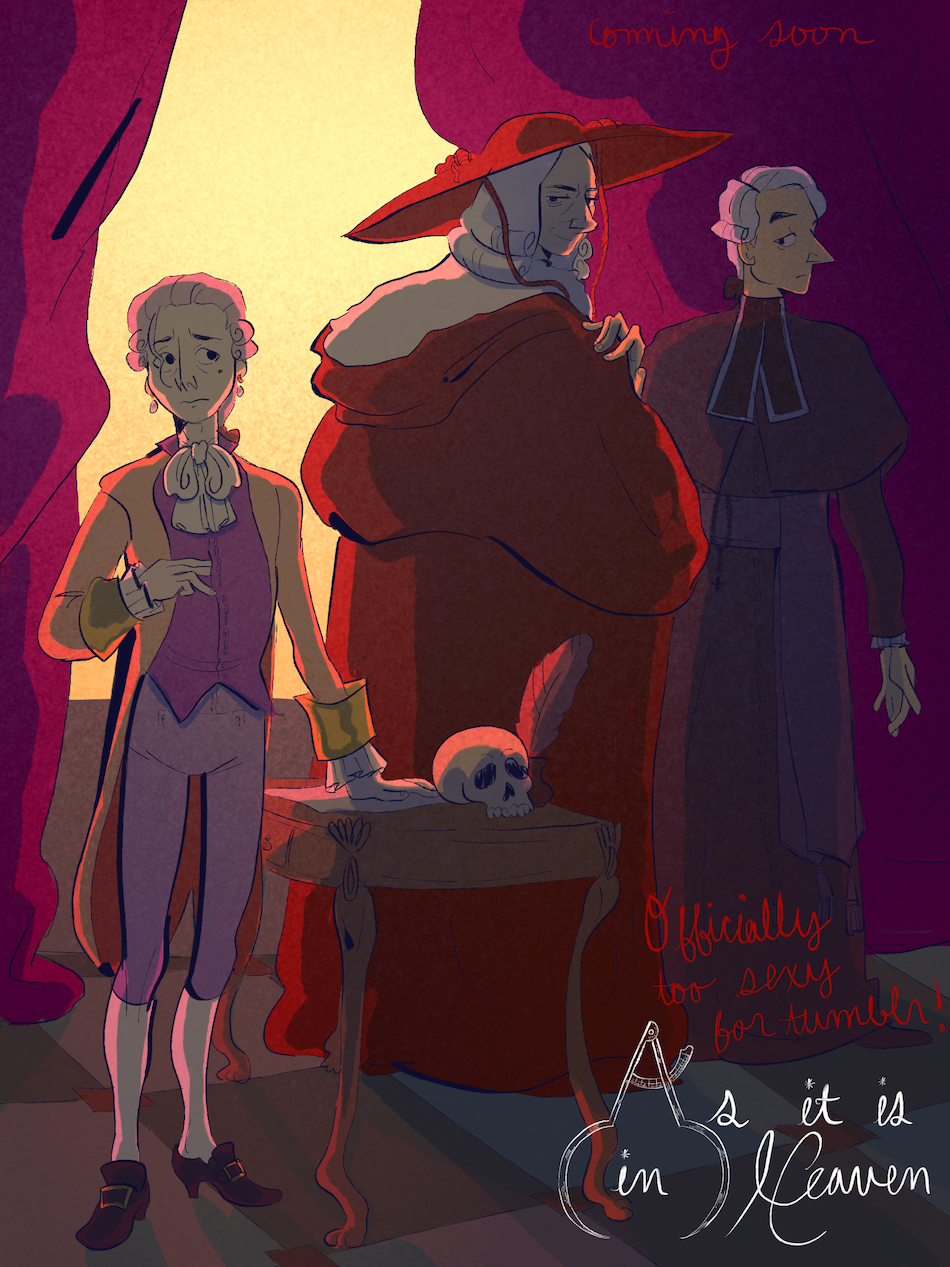the image is a digital painting featuring three figures: a man in a formal suit, a woman in a red robe and hat, and another man in a dark cassock. the man in the suit stands to the left, gesturing towards a table. on the table rests a skull with a feather stuck in it. the woman stands behind the table, and the second man is positioned to the right. the background includes a curtain. text overlay reads "coming soon", "officially too sexy for tumblr!", and "as it is in heaven". the style is cartoonish and stylized, with visible line art.