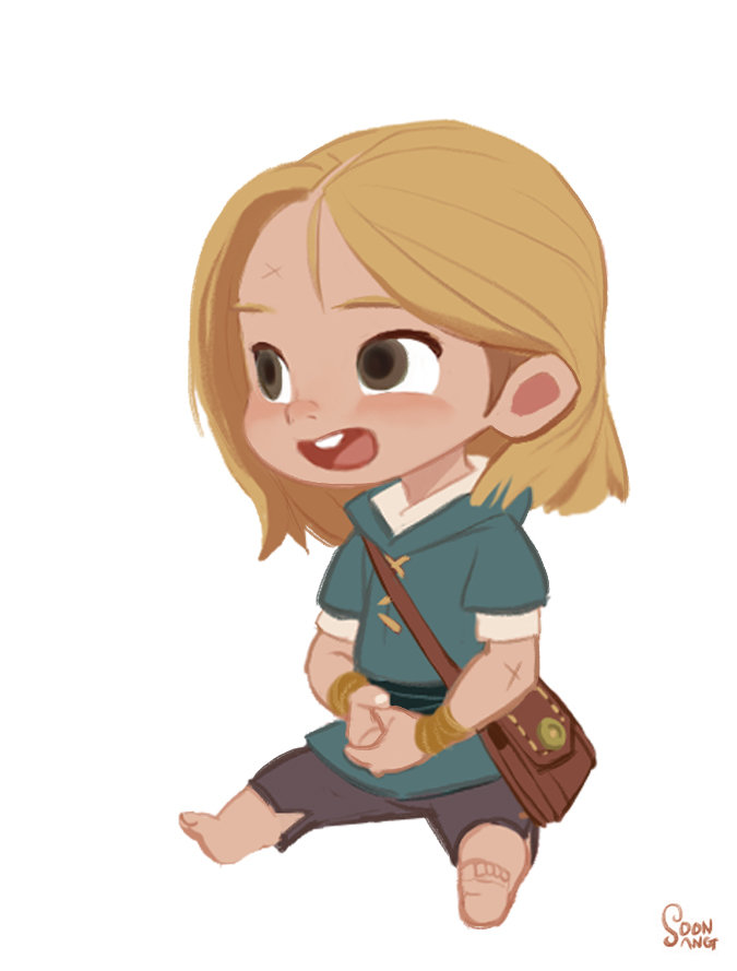 he image features a chibistyle illustration of a young, blonde child sitting on the ground. the child wears a simple teal tunic with a brown leather strap across their chest and matching wristbands. a small brown satchel hangs by their side. they have rosy cheeks, large expressive eyes, and a cheerful expression with an open mouth as if talking. the child is barefoot and has a small bandage on their forehead. the background is plain white, emphasizing the character. the overall style is cute and innocent, evoking a sense of whimsical adventure.