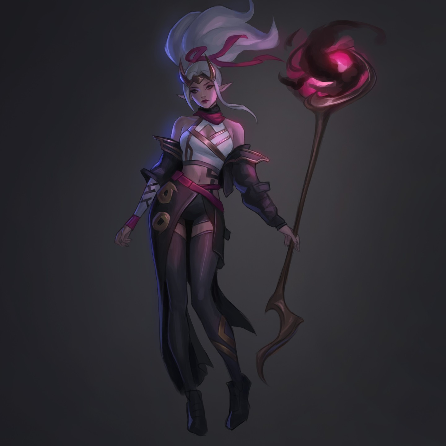the image showcases a digital painting of a stylized female character, possibly from a video game or fantasy setting.  she has long white hair styled in a high ponytail with red accents, pointed elflike ears, and is dressed in a blend of dark, modern clothing and more traditional, almost kimonoinspired elements, featuring a white top and dark pants with gold detailing.  her outfit is accessorized with a dark, almost black jacket and pink accents.she holds a tall, ornate staff topped with a dark, glowing orb that emanates purple light. the overall style leans towards anime or manga aesthetics with a blend of fantasy and potentially a touch of japanese influence. the background is a muted grey, allowing the character and her staff to stand out prominently. the character appears poised and confident, almost floating in a mystical manner. the artwork is highly detailed and displays a high level of digital painting skill.