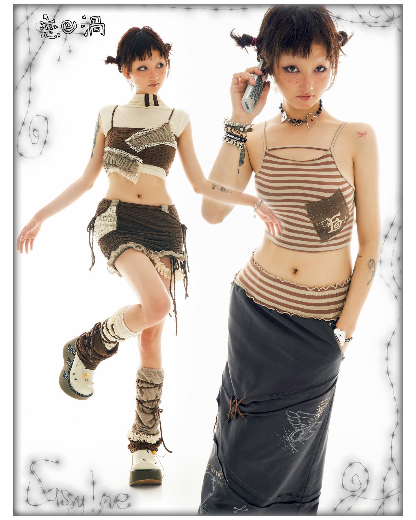 he image showcases two models in distinct but complementary outfits, both featuring a mix of grunge, alternative, and kawaii elements common in harajuku fashion.  the model on the left wears a layered, patchworkstyle brown mini skirt and top, while the model on the right wears a brown and beige striped top and a longer, grey, asymmetrical skirt. both have similar hairstyles with pigtails and wear various accessories, including boots, bracelets, and necklaces.  the background is plain white, highlighting the clothing and models. the image is professionally styled and likely promotional material for a fashion brand, sassylve. one model holds a vintage phone to her ear.  the overall aesthetic is a blend of vintage and modern, with a focus on unique textures and layering.