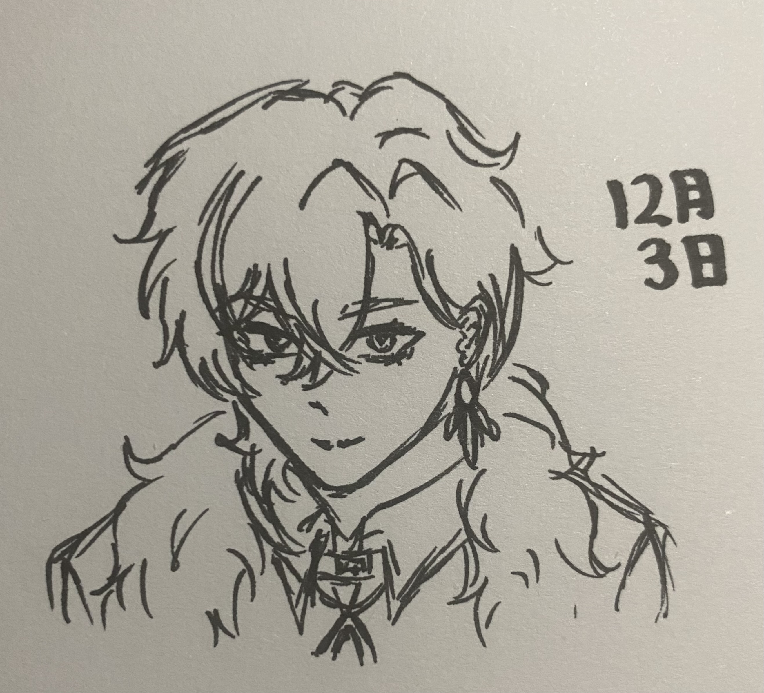 the image is a handdrawn sketch or fanart of an animestyle male character.  the drawing is done in black ink on what appears to be light grey paper. the character has long, wavy hair, is wearing a collared shirt or jacket with a furlike trim, and has an earring. the style is somewhat stylized and expressive, with a focus on the character's face and hair.  a date, "12月3日" (december 3rd in japanese), is written in the upper right corner.  the overall tone is dark and slightly mysterious, thanks to the character's expression and the inky lines.
