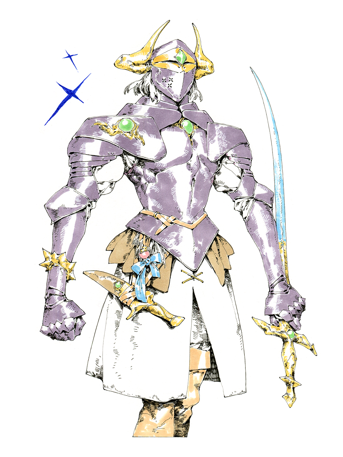 the image showcases a meticulously drawn character, likely a knight or warrior, clad in ornate armor. the style suggests fantasy, potentially concept art for a game or book. the figure stands in a front view, brandishing a sword.  the palette leans towards muted purples and grays, lending a sense of aged grandeur.