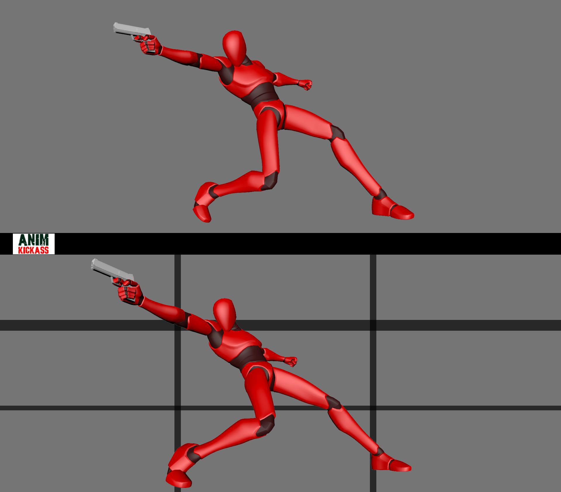 the image contains two renderings of a red humanoid figure holding a gun in an action pose. the figure is shown in a dynamic pose, extending one arm forward while holding a silver handgun and the other arm back. the figure's body is leaning forward, suggesting movement. the lower figure is in front of a grey background with black lines, while the top figure is against a plain grey background.