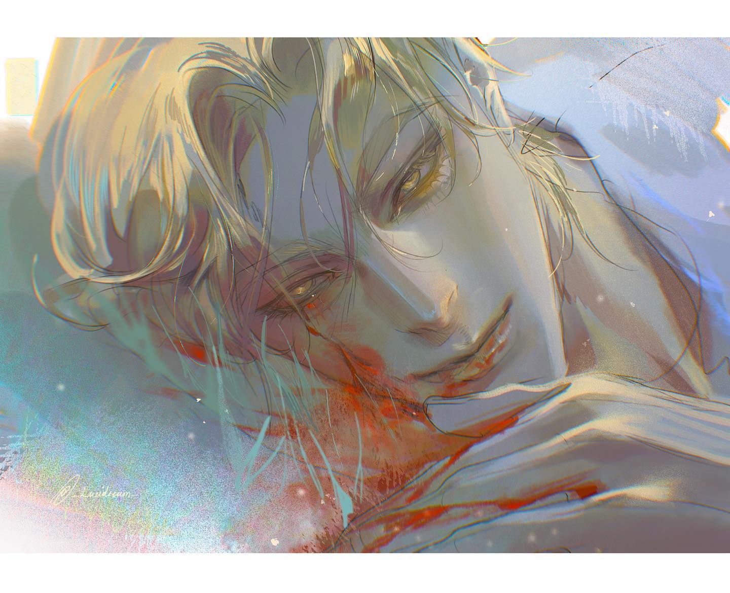 a closeup digital painting of a handsome anime man with blond hair sleeping, the man has his eyes closed, his lips slightly parted. the background is blurred and painted in soft pastel colours. the art style is realistic and detailed.