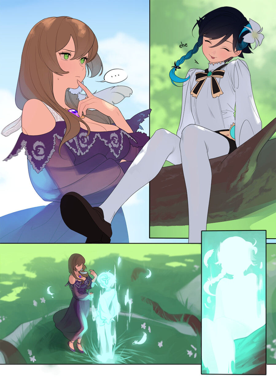 the image is a twopanel digital illustration. in the first panel, a girl with long brown hair and a purple dress is seated on a tree branch, looking at a smaller, glowing girl with blue hair and a white dress. the background is a light blue sky. the second panel shows the two girls from a distance, standing in a grassy field with a glowing circle around the smaller girl. the overall palette is bright and cheerful, with a focus on blues, greens, and purples.
