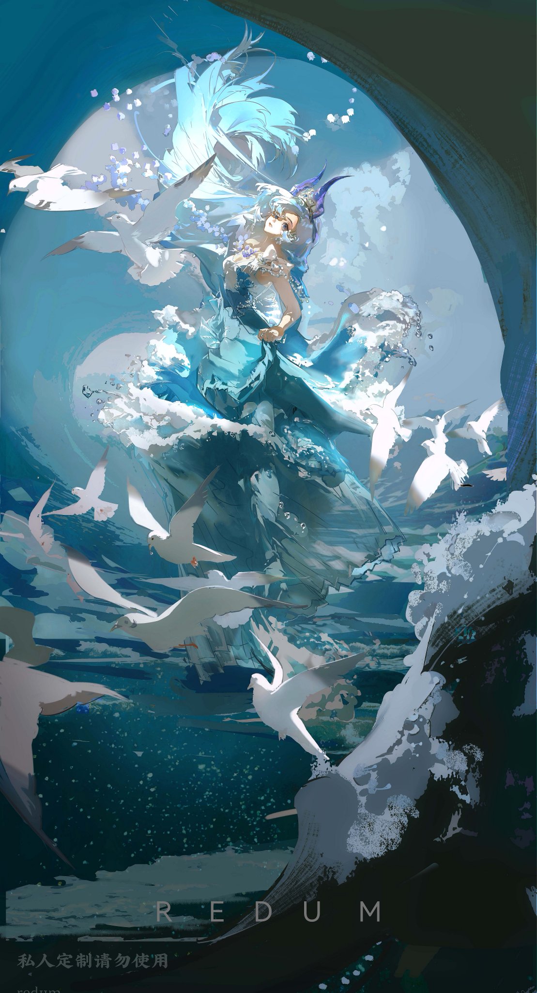 a digital art illustration of a woman surrounded by flowing water and white doves, with an ethereal and fantasy feel. the woman has horns and is wearing a blue dress that blends with the water. the surrounding environment includes waves and the sea. text reading "redum" is present at the bottom.