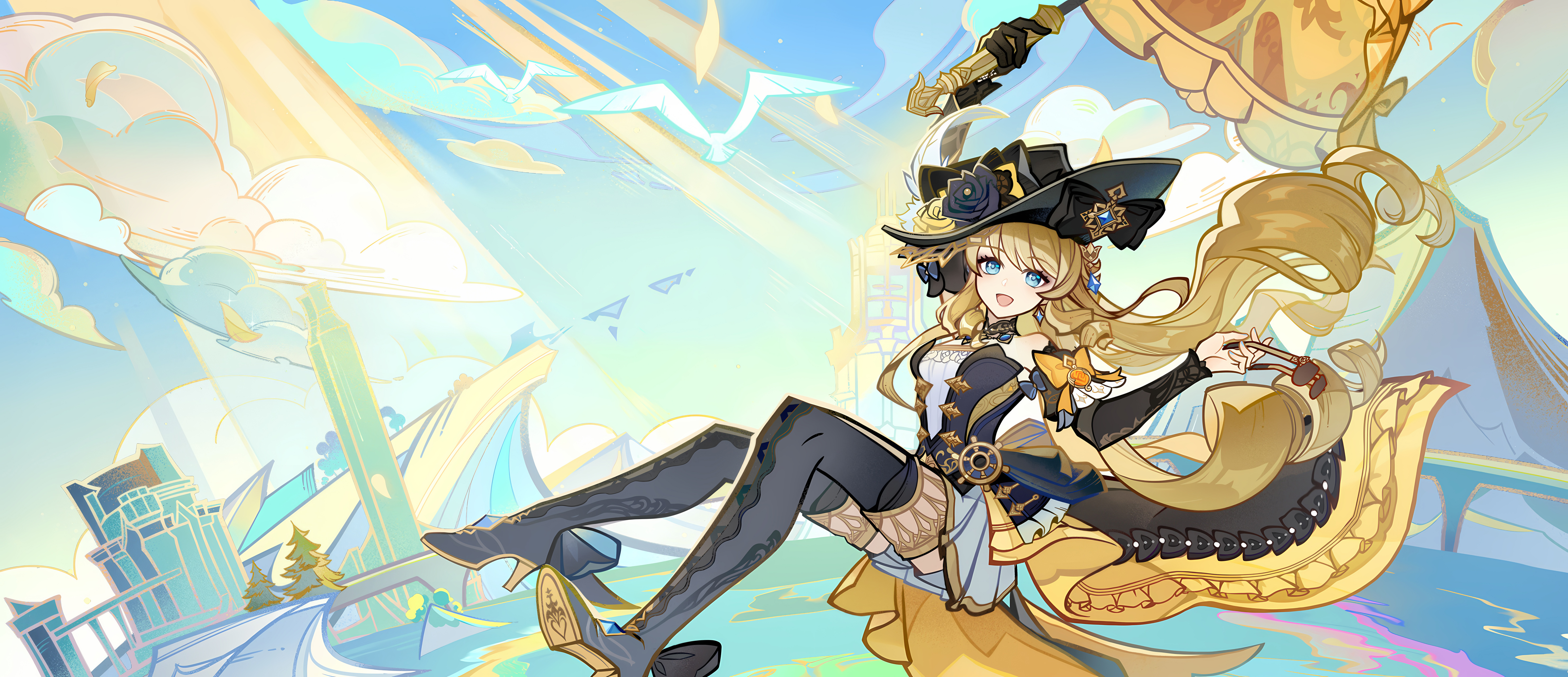 an anime girl with blonde hair and blue eyes is flying through the air. she is wearing a black and yellow dress and a hat with a large black rose. she has a sword in her right hand. the sky is blue and cloudy, and there is a cityscape in the background. the art style is very bright and colorful.