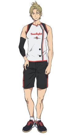 the image shows a tall, athletic young man with blonde hair tied in a topknot. he is wearing a white basketball jersey with "sunlight" and the number "1" printed on it.  he also sports black athletic shorts, a black wristband on his left arm, and red and black athletic shoes. he is standing with his hands on his hips, looking directly at the viewer. the background is plain white, suggesting a studio setting with artificial lighting.
