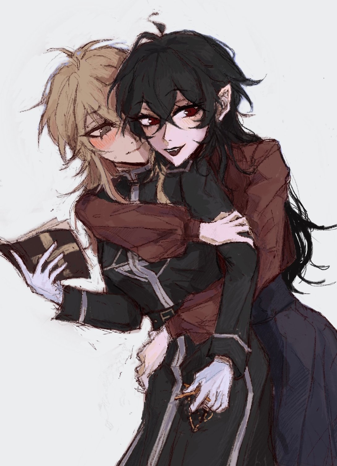 the image is a digital drawing or painting of two animestyle girls embracing. one has long, dark hair and red eyes, wearing glasses and a darkcolored outfit. the other has light blonde hair and is wearing a similar dark outfit. they appear to be affectionate towards each other and are holding a book. the style is somewhat gothic and fantasyinspired. the artwork has a soft and slightly sketchy quality, showing loose lines and shading.