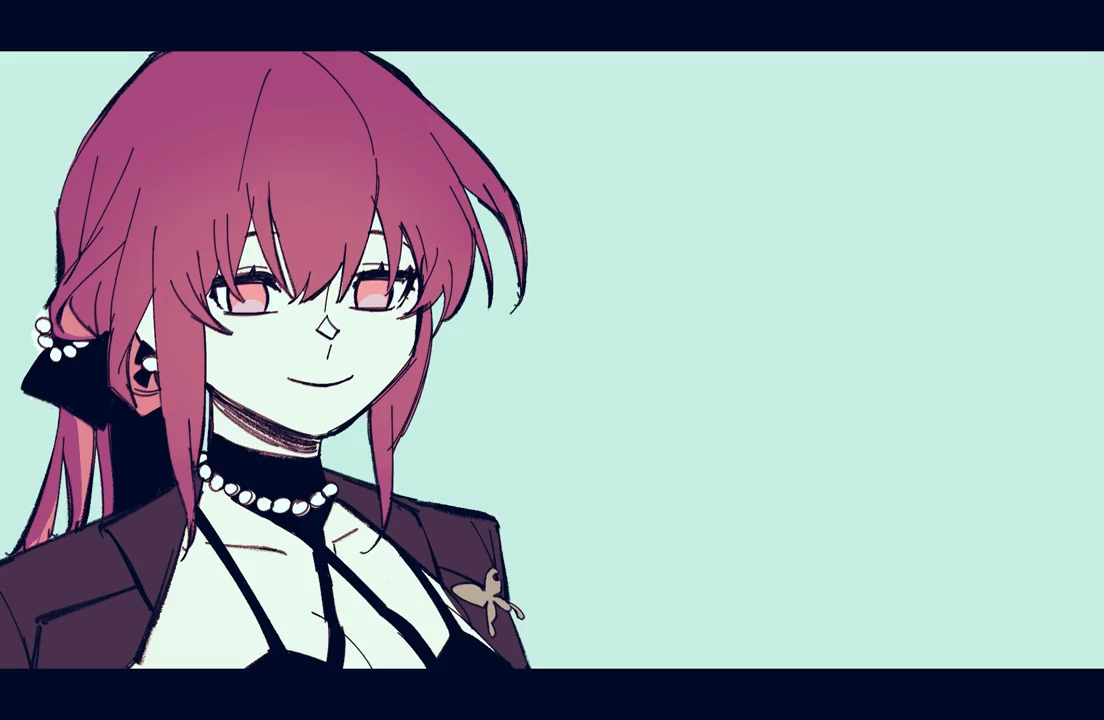 this is a digital art drawing of an anime girl with pink hair and black eyes. she is smiling while looking at the viewer. she is wearing a black dress with a choker necklace, a collar, and a pin. she is also wearing a small butterfly pin on her jacket.