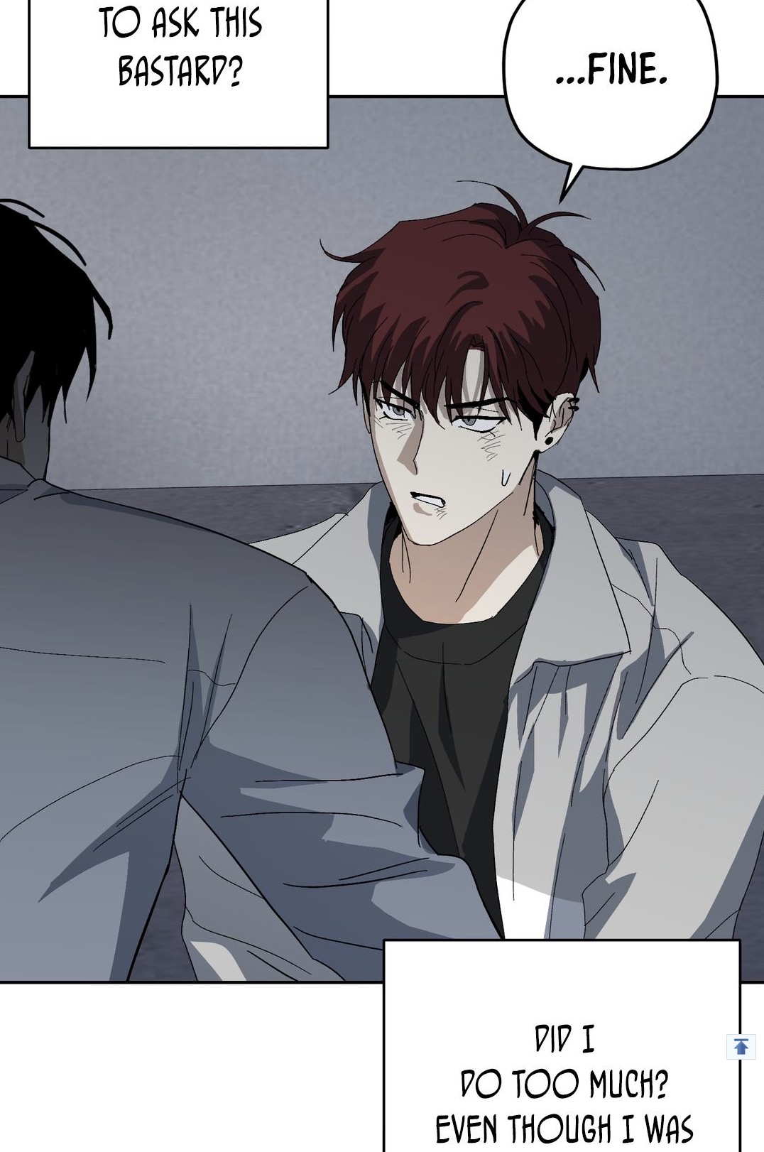 a closeup panel from a manhwa or webtoon depicting two men in a tense conversation.  the man with reddishbrown hair reluctantly agrees to something, while the other man, mostly obscured, appears to be annoyed or upset by the situation. the dialogue bubbles showcase their contrasting feelings.  the art style is modern and detailed with a focus on emotional expression. the color palette is muted, primarily consisting of grays and dark tones.