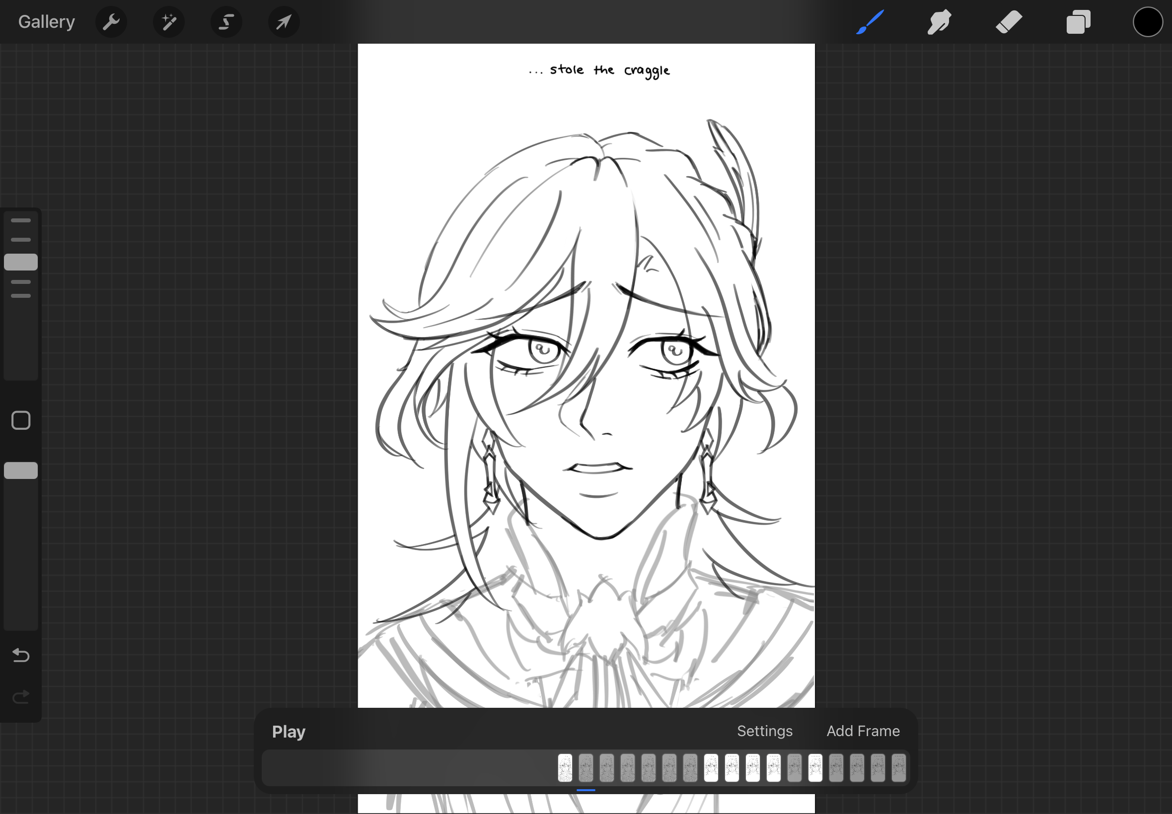 a digital drawing of venti from genshin impact in a sad or worried expression with the text "...stole the craggle" above him, drawn on procreate. it is line art.