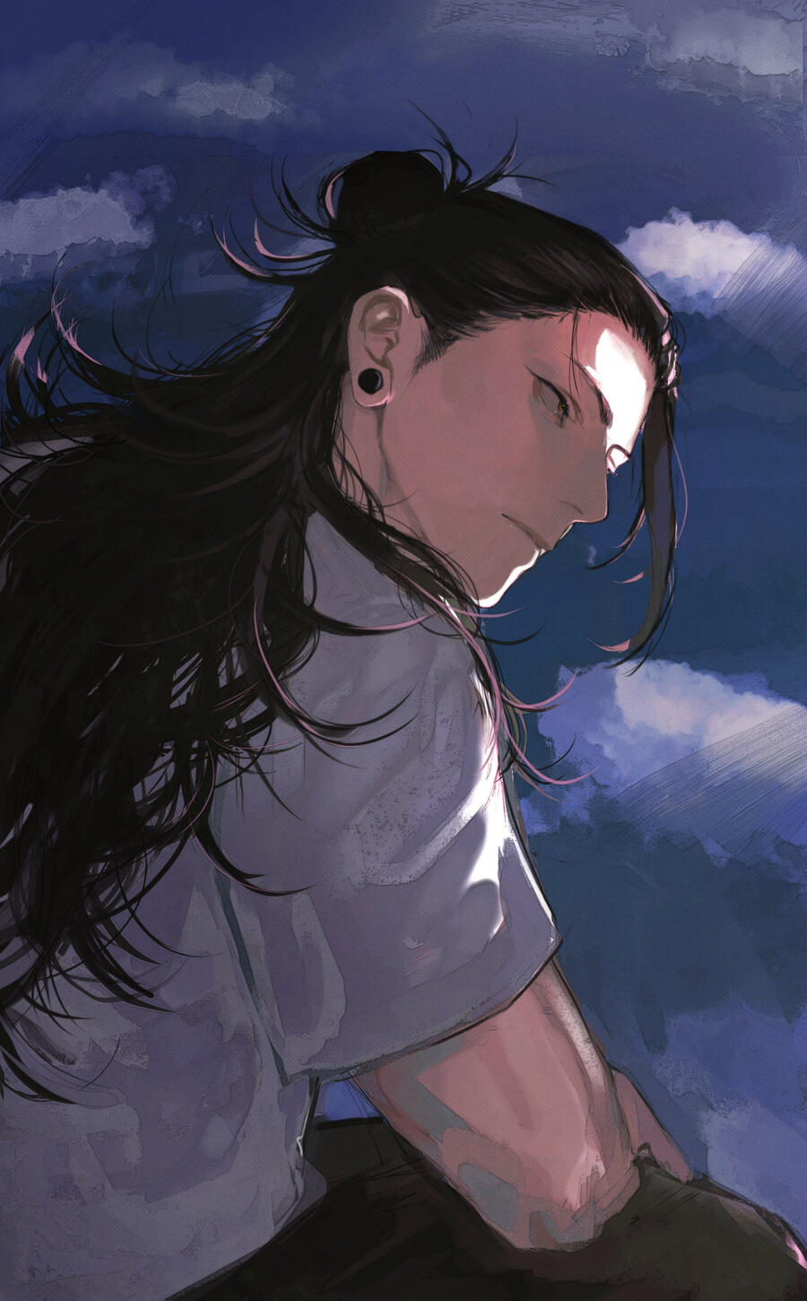 the image is a digital painting or illustration of a young animestyle male character. he has long dark hair tied up in a bun, and is wearing a loosefitting, light purple shirt. he has a single dark earring in his left ear. his expression is calm and thoughtful, almost melancholic. the background is a stylized twilight sky with dark blue and purple clouds, adding to the overall moody atmosphere. the art style is painterly and expressive, with visible brushstrokes and a focus on light and shadow to create depth and texture. the character is shown from the side, slightly hunched over, giving a sense of introspection.  the overall feeling is one of quiet contemplation or introspection against a dramatic backdrop.