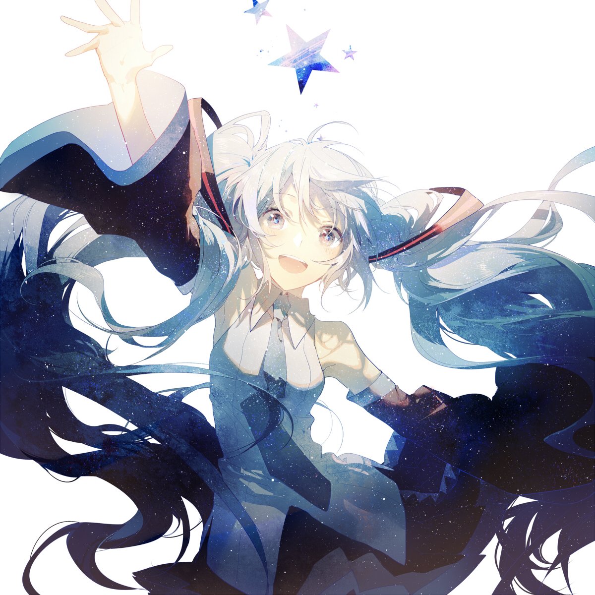 an animestyle illustration of a smiling anime girl with white hair, blue eyes, and a sleeveless dress. she has long twin tails and is reaching up with an open hand. stars and a galaxy print are incorporated into her hair and clothing.