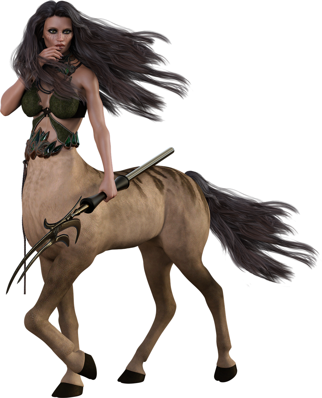 the image depicts a female centaur, a mythical creature with the upper body of a woman and the lower body of a horse. she has dark hair and wears green armor over her torso. she holds a sword with a decorative blade in her hand. the centaur is set against a black background, highlighting her form. the image is a digital rendering, possibly for a fantasy or gaming context.
