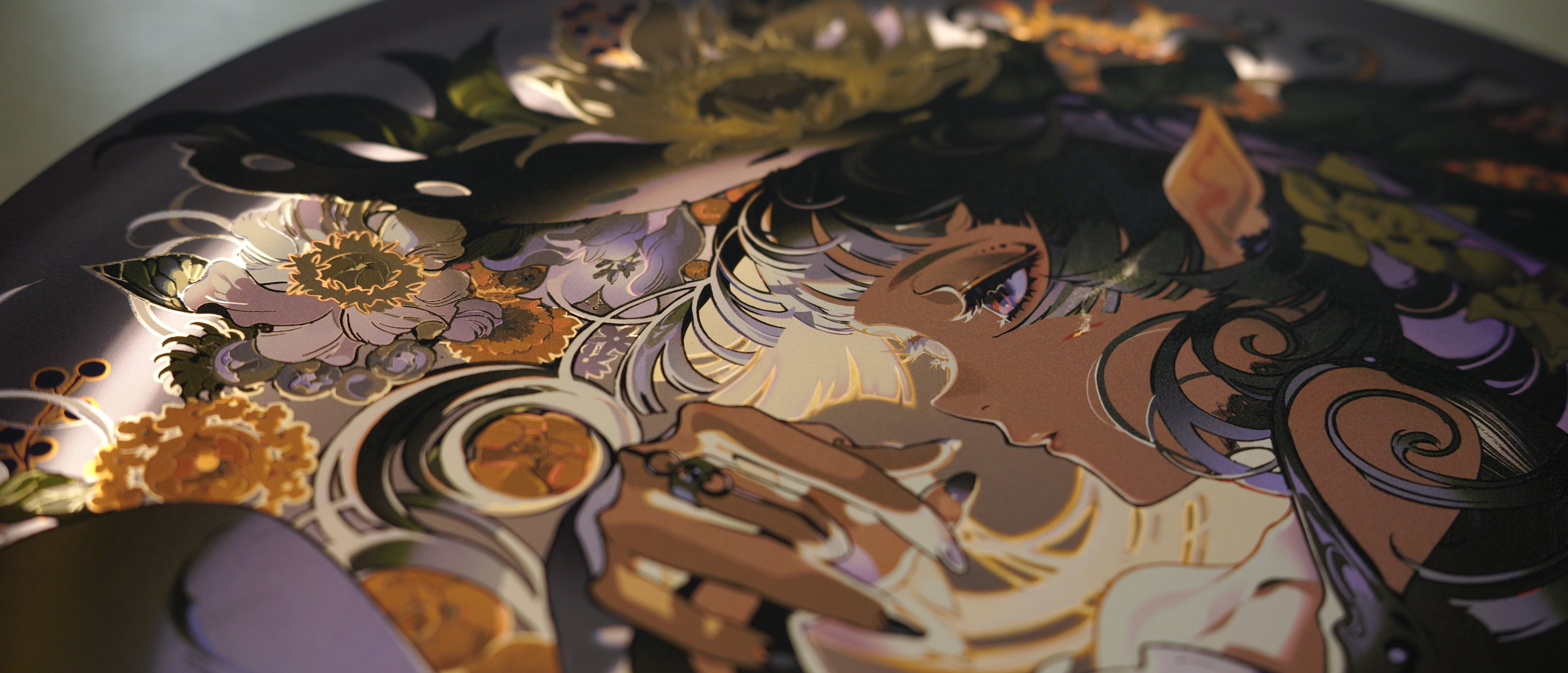 the image showcases a detailed, stylized illustration of a darkskinned elf with flowing white and purple hair. her eyes, one purple and one white, are rimmed with gold foil, echoing the gold accents throughout the piece. she's adorned with ornate jewelry, her fingers delicately touching a circular object emitting warm light.  the background features a rich tapestry of floral patterns, also highlighted with gold foil, creating a sense of depth and texture. the overall palette leans towards warm tones, accented by pops of purple and cool grays, lending a magical and ethereal feel to the artwork.
