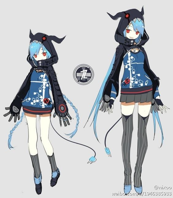 the image is of two anime girls with blue hair and red eyes, they are wearing black hoodies, white tights, black gloves, a black and blue sweater, and a black skirt. the girl on the left has a black robot arm with blue electrical cord while the girl on the right has a black robot hand, both girls have a long blue electrical cord and a symbol of a "z" on the back of the hoodie.  the image is a stylized anime drawing.