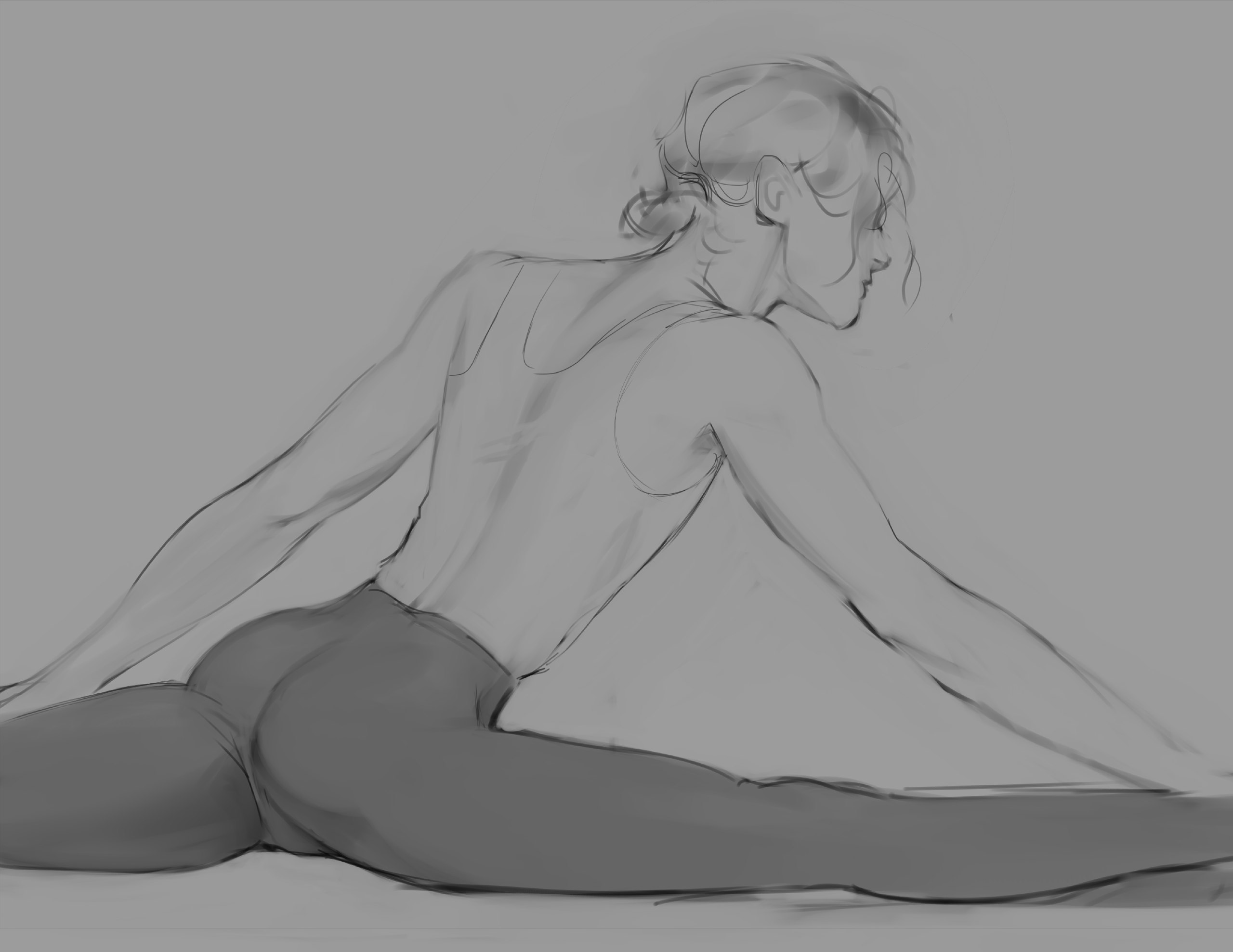 a grayscale sketch of a woman in a leotard stretching. she sits on the floor with her legs spread wide, reaching towards her toes. the drawing emphasizes her back muscles and the curve of her spine.  the style is loose and expressive, focusing on gesture and form over detail.