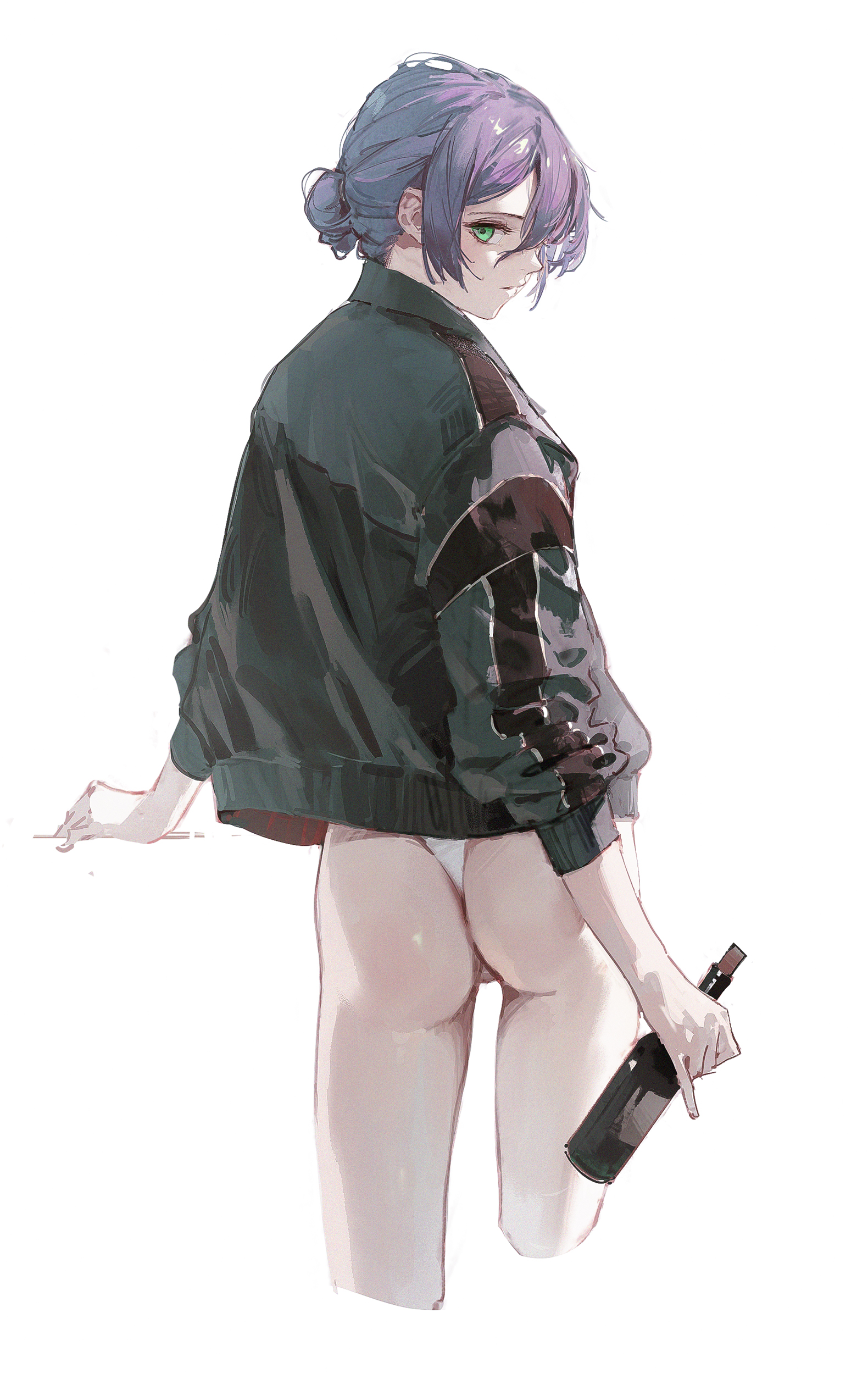 the image is a digital painting or illustration of an animestyle young woman. she has short purple hair styled in a loose bun, and bright green eyes. she's wearing a dark green, slightly oversized jacket with darker accent stripes. the jacket is unbuttoned, revealing a white thongstyle bottom. she's viewed from the back, with her body turned slightly to her left, looking over her shoulder. her expression seems somewhat pensive.  she's holding a bottle of what appears to be wine or some type of dark liquid in her right hand. the style of the art is loose and painterly, with visible brushstrokes and shading. the overall mood is somewhat melancholic or wistful.
