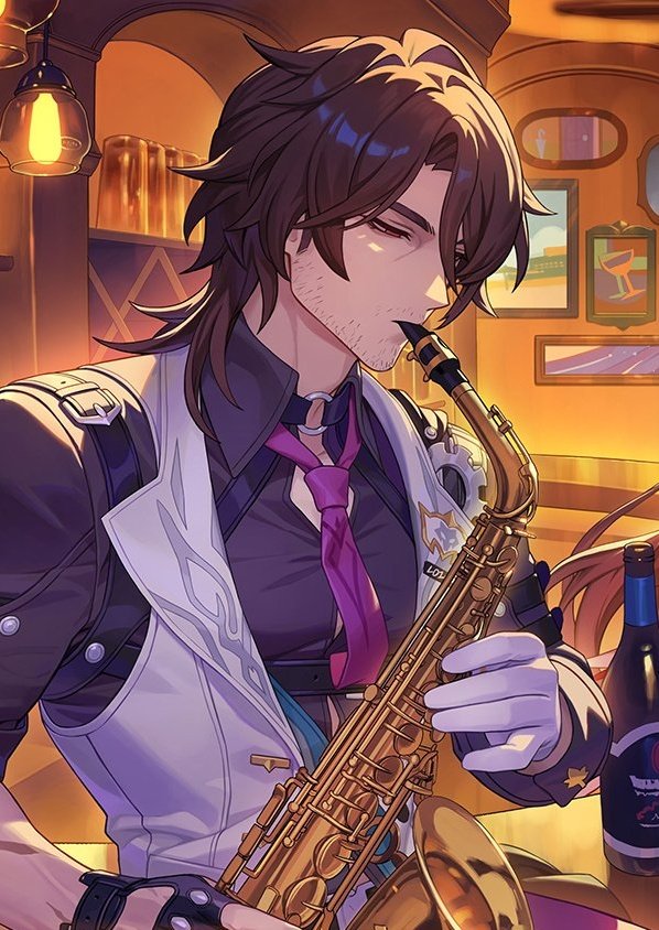 the image is an illustration of an anime male character playing a gold saxophone. he is dressed in a purple shirt with a white vest and a purple tie. the character has dark hair and wears white gloves on his hands. the saxophone is positioned close to his face as he plays. the character is looking down at the saxophone as he focuses on playing the music. he is performing in a dimly lit bar with a stage light shining down on him. the bar is filled with wooden furniture and there is a bar counter on the left side of the image, behind the musician. there are other people seated at tables in the bar but they are not visible. the scene gives the impression of a performance taking place and highlights the character's passion for music. the overall aesthetic is a stylish and cool illustration of a musical performance.