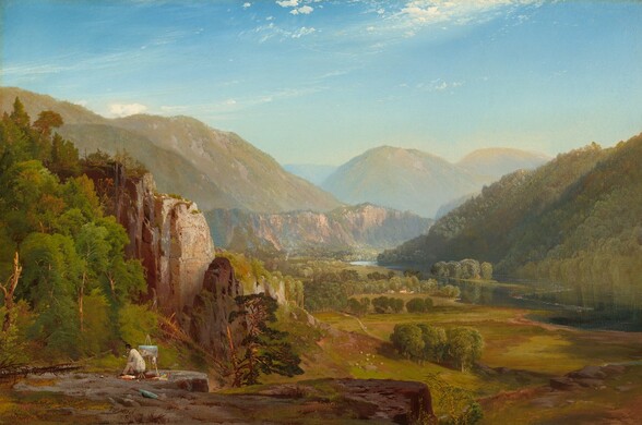 a landscape painting depicting a wide valley surrounded by mountains and forests. a river meanders through the valley floor. in the foreground, an artist is set up at an easel, painting the scene. the sky is blue with scattered clouds, and the light is soft and diffused. the painting is in the style of the hudson river school, reminiscent of frederic church's work.